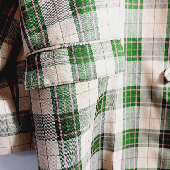Bardot, Plaid Long Blazer Jacket Green & Soft Gold, Pink Highlight Medium Preppy - Picture 9 of 15